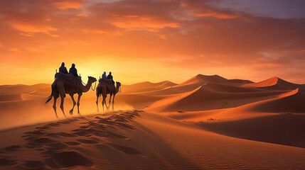 Camel Caravan Walking Into the Desert Sunset
