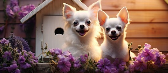 Chihuahua dogs sitting in front of wooden dog house smiling and looking at camera in a purple...