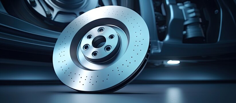 Close up of a wheelless car s brake disc Copy space image Place for adding text or design