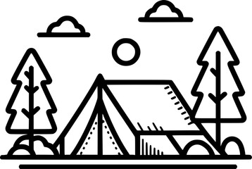 Camping tent and trees filled outline icon, line vector sign, linear sign, symbol, vector, art