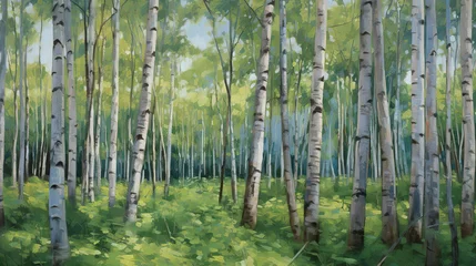 Foto op Plexiglas Painting of Birch Trees During the Spring Time Bathed in Light, The Serenity of Secluded Groves - Generative Ai © Chich