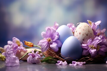 Obraz na płótnie Canvas Vibrant Easter Blooms and Egg basckground.