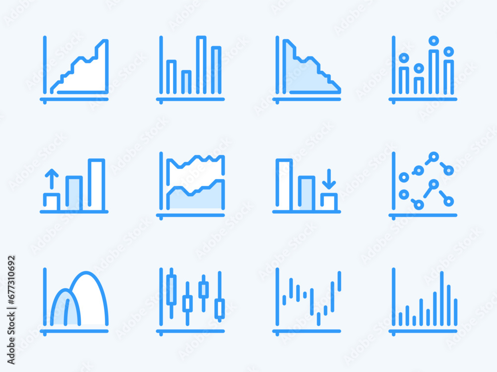  graph and chart vector line icons. graphical data report outline icon set. dot plot, statistics, gra