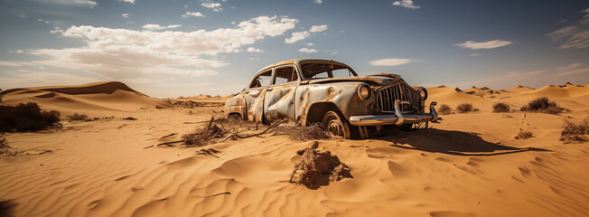 old classic wreck of retro vintage car left rusty ruined and damaged abandoned in the Sahara desert for aftermath apocalyptical and lost forgotten concepts as copyspace banner - obrazy, fototapety, plakaty