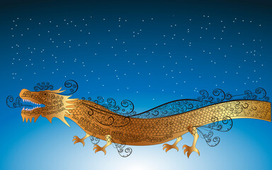 Year of the Dragon. The golden dragon stands in the snow. Decorative patterns. Blue background with...