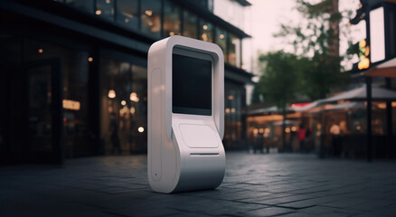 futuristic modern design of public area information signboard neon screen touchscreen interactive blank empty white billboard or menu smart kiosk machine street advertisement display mockup template