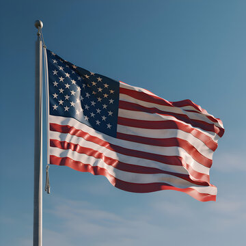 American flag waving in the blue sky. 3d render. United States of America.
