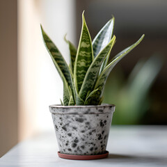 Sansevieria plant in a pot on a white table.