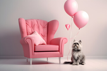 Adorable Scene: Dog Next to a Pink Sofa with Balloons