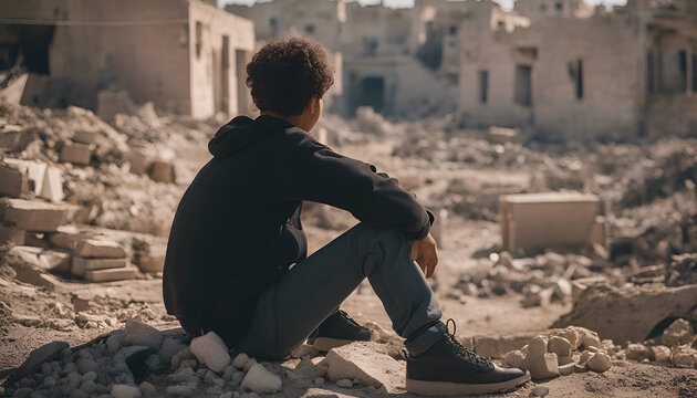 Young man sitting on the ruins of an old house in the desert