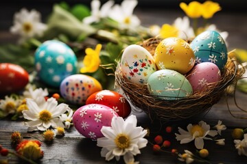 Obraz na płótnie Canvas Vibrant Easter Blooms and Egg basckground.