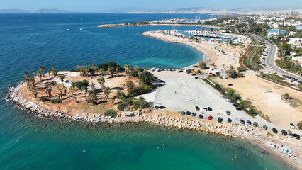 Aerial drone photo of seaside touristic area with paradise beaches and modern architecture of...