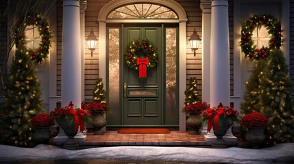  a green front door decorated for christmas with wreaths and poinsettis on either side of the door.