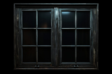 Black window with glass panes and light shining through.