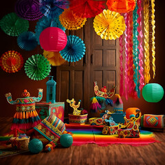 Carnival in India. Decorated with colorful paper lanterns.