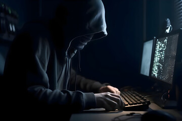 Hooded hacker stealing data from computer at night in dark room