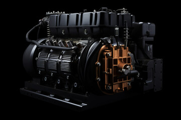 Close up of large engine on black background with black background. - obrazy, fototapety, plakaty