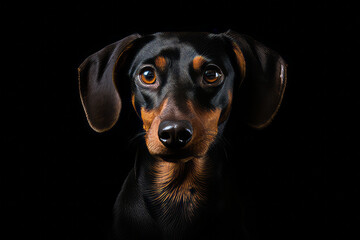 Black and brown dog with black background and black background.