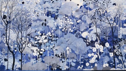  a painting of a blue and white forest with lots of trees and balls hanging from the top of the trees.
