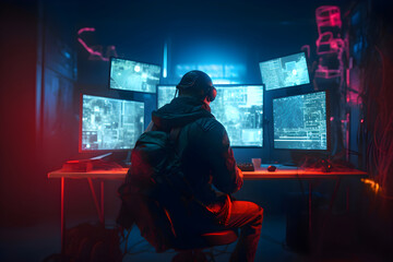 Fototapeta na wymiar Cyber security concept. Young man in hoodie sitting on the floor in front of computer monitors at dark room with lights and smoke.