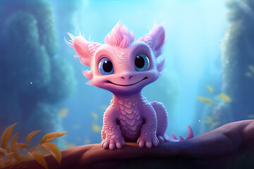 Super cute pink little baby dragon with big blue eyes. Fantasy monster with smile is sitting on a tree, a log. Small Funny Cartoon character. Fairytale animal. Forest background. Ai Illustration