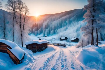 Colorful winter morning in the mountains. Mountain valley Pozharska, Carpathian, Ukraine, Europe.