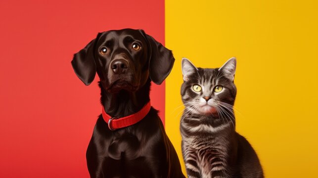image of a dog and cat against a vivid yellow backdrop
