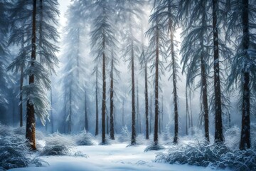 Winter in the woods. Fir trees in the snow and frost