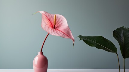  a pink vase with a pink flower in it next to a large green leafy plant on a white table.