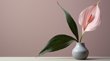  a white vase with a pink flower in it and a green leaf sticking out of the inside of the vase. - Powered by Adobe