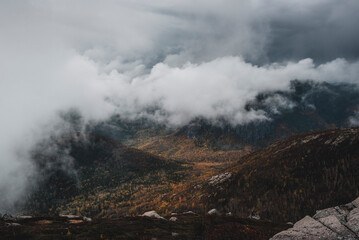 Clouds over the valley of Grands jardins national park at fall