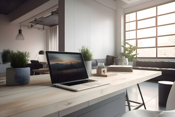 Laptop on wooden table in modern office. 3d rendering.