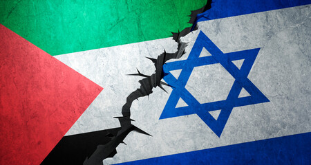 Palestinian and Israeli flag on broken concrete backdrop - 3D illustration