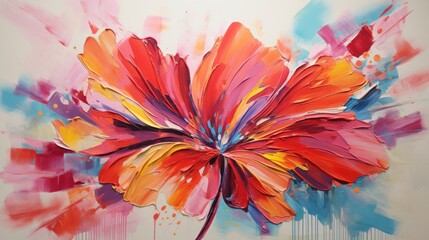  a painting of a red flower with blue and yellow paint splatters on it's petals and a white background.