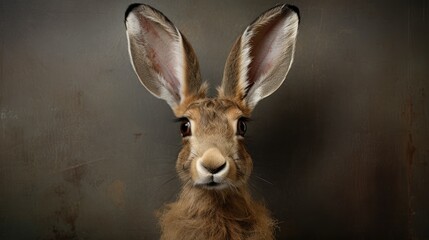  a close up of a rabbit's face on a black background with a rusted wall in the background.