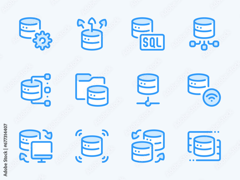 Poster database and server vector line icons. online storage and data center outline icon set. file managem