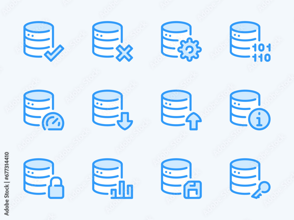 Poster database and server vector line icons. online storage and data center outline icon set. access, prog