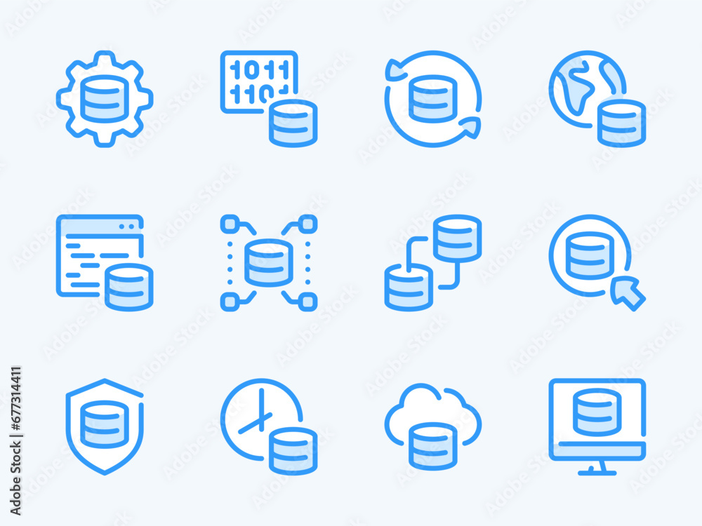 Fototapete Database and Server vector line icons. Online Storage and Data Center outline icon set. System Configuration, Coding, Network, Protection, Backup, Programming and more.