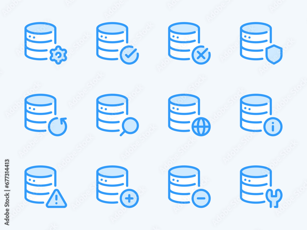 Poster database and server vector line icons. online storage and data center outline icon set. backup, main