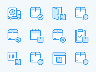 Shipping, Logistics and Delivery Box vector line icons. Deliver the Package and Order Transportation outline icon set. Cargo Truck, Configurations, Return, Online, Home Delivery, Calendar and more.