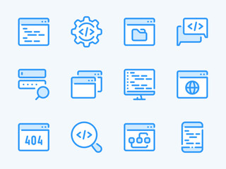 Programming and Computing vector line icons. Coding and Software Development outline icon set. Website code, Web Page, 404, Online Technology, Code, Application, Program and more.