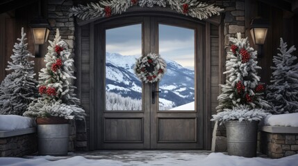 Fototapeta na wymiar a winter scene of a front door with christmas wreaths and wreaths on the side of the door and a snowy mountain in the background.