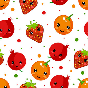 Seamless pattern with happy fruits characters. Cartoon smiling fruits background with Pomegranate, Orange and Strawberry. Children's colorful fruit illustration on white background.Vector illustration