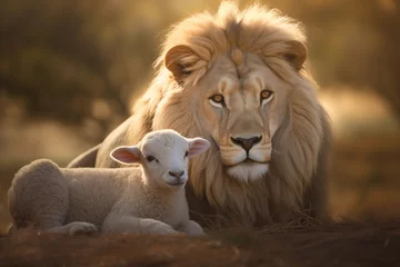 Foto op Plexiglas cute animal photography of a lion and lamb © StockUp