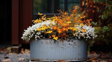  a planter filled with yellow and white flowers sitting on top of a gravel ground next to a red building.