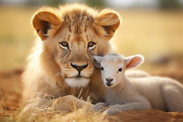 Obraz premium cute animal photography of a lion and lamb