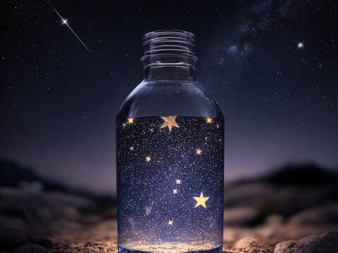 bottle filled with glowing stars under a starry night sky. Generative AI