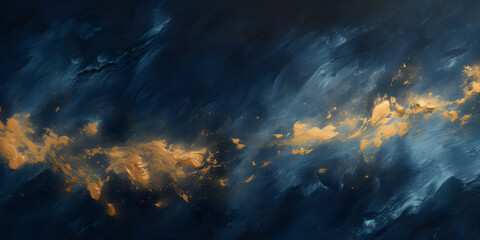 Dark blue textured oil paint wit golden elements, abstract background - obrazy, fototapety, plakaty