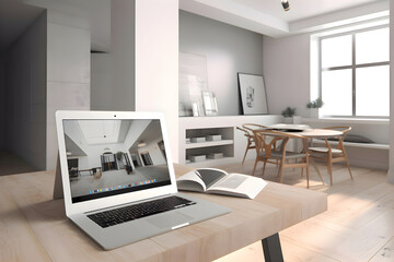 3D Illustration of a modern kitchen interior design with a laptop