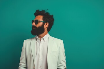 Fototapeta premium confident businessman wearing sunglasses on blue background